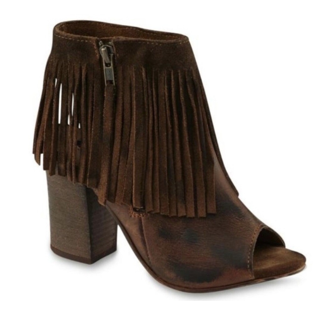 Women's Diba True Brown Leather Fringe Open toed Boots Size‎ 7